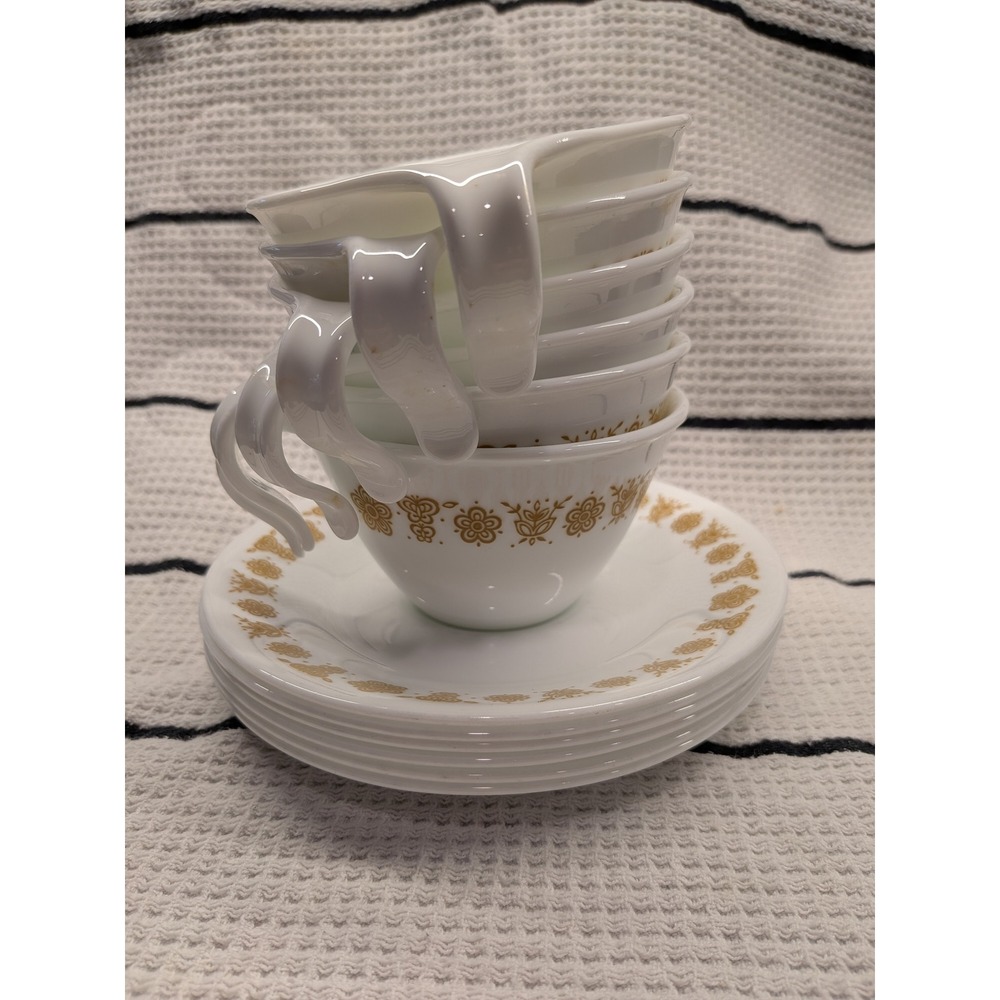Vintage Corelle Butterfly Gold Tea Cup Saucer Set 6 Hook Handles Corning